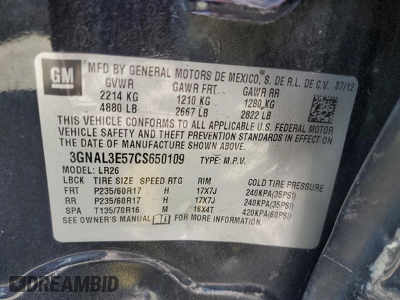2012 Chevrolet Captiva Sport LT with VIN 3GNAL3E57CS650109, listed as a Copart auction lot 69862754 with 216,045 mi miles and Salvage Title. Bid and sale history available at DreamBid. Image 12.