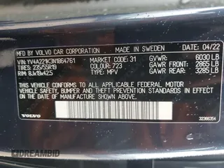 2022 Volvo XC90 Momentum with VIN YV4A221K3N1864761, listed as a Copart auction lot 59189595 with 33,098 mi miles and Salvage title. Bid and sale history available at DreamBid. Image 12.