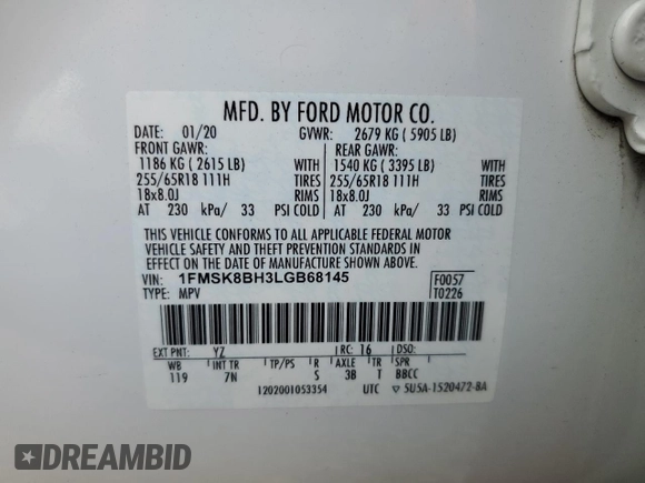 2020 Ford Explorer with VIN 1FMSK8BH3LGB68145, listed as a Copart auction lot 82254914 with 84,491 mi miles and Salvage Title. Bid and sale history available at carsss.com. Image 13.