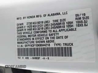 2019 Honda Ridgeline Sport with VIN 5FPYK3F10KB044218, listed as a IAAI auction lot 41907044 with 151,887 mi miles and . Bid and sale history available at DreamBid. Image 9.