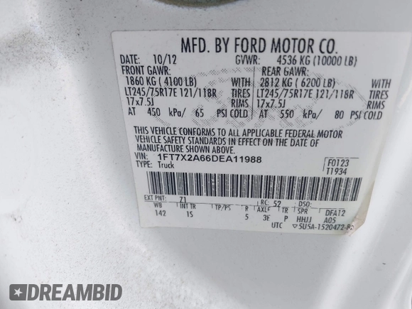 2013 Ford F-250 XL with VIN 1FT7X2A66DEA11988, listed as a IAAI auction lot 42091421 with 150,907 mi miles and . Bid and sale history available at DreamBid. Image 9.