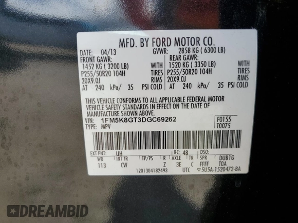 2013 Ford Explorer Sport z VIN 1FM5K8GT3DGC69262, wystawiony jako Copart lot #55151205 z przebiegiem 143 943 mil mil oraz Szkody całkowita. Historia ofert i sprzedaży dostępna na DreamBid. Obrazek 13.