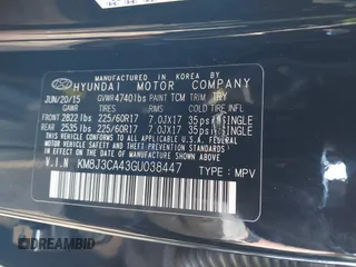 2016 Hyundai Tucson SE z VIN KM8J3CA43GU038447, wystawiony jako IAAI lot #42119085 z przebiegiem 118 280 mil mil oraz . Historia ofert i sprzedaży dostępna na DreamBid. Obrazek 9.
