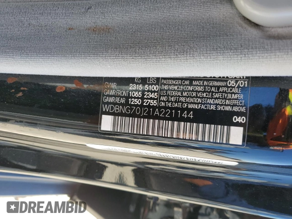 2001 Mercedes-Benz S 320/430/500 with VIN WDBNG70J21A221144, listed as a Copart auction lot 56856945 with Not provided miles and Salvage title. Bid and sale history available at DreamBid. Image 12.