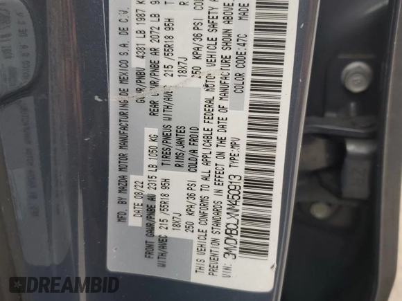 2022 Mazda CX-30 S Carbon Edition z VIN 3MVDMBCLXNM450913, wystawiony jako Copart lot #58537815 z przebiegiem 22 756 mil mil oraz Szkoda całkowita • Salvage title. Historia ofert i sprzedaży dostępna na DreamBid. Obrazek 13.