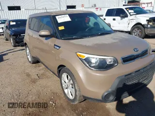 2015 Kia Soul + with VIN KNDJP3A53F7232765, listed as a IAAI auction lot 41670533 with 54,637 mi miles. Bid and sale history available at carsss.com. Image 1.