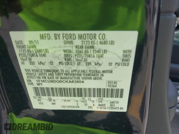 2012 Ford Escape XLT z VIN 1FMCU9DG0CKA83804, wystawiony jako IAAI lot #42099423 z przebiegiem Nie podano mil oraz . Historia ofert i sprzedaży dostępna na DreamBid. Obrazek 9.