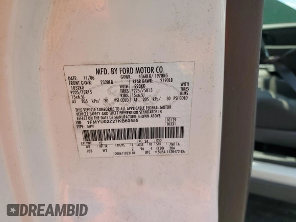 2007 Ford Escape XLS с VIN 1FMYU02Z27KB60555, выставлен на аукционе Copart как лот 55585895 с пробегом Не указан миль и Чистый • Clean title. История ставок и продаж доступна на DreamBid. Изображение 13.