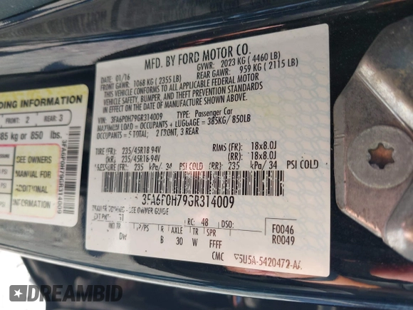 2016 Ford Fusion SE z VIN 3FA6P0H79GR314009, wystawiony jako IAAI lot #42182210 z przebiegiem 120 254 mil mil oraz . Historia ofert i sprzedaży dostępna na DreamBid. Obrazek 9.