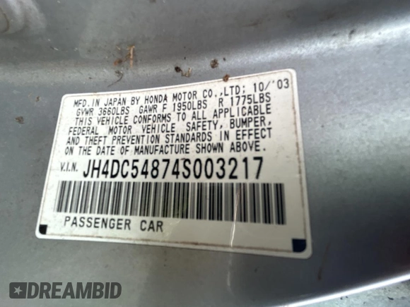 2004 Acura RSX с VIN JH4DC54874S003217, выставлен на аукционе Copart как лот 59939115 с пробегом 133 903 миль миль и Чистый • Clean title. История ставок и продаж доступна на DreamBid. Изображение 10.