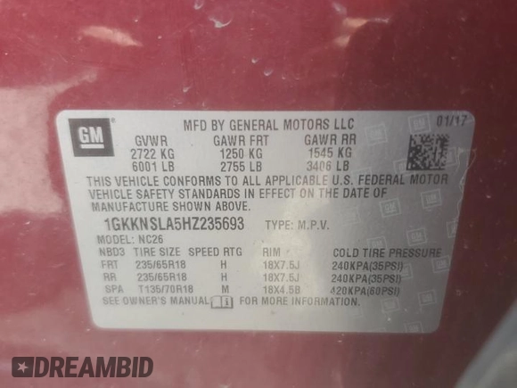 2017 GMC Acadia SLE with VIN 1GKKNSLA5HZ235693, listed as a Copart auction lot 45267605 with 134,328 mi miles and Non Repairable. Bid and sale history available at carsss.com. Image 13.