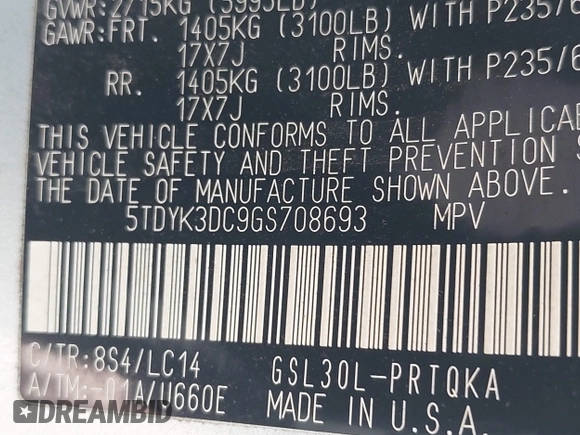 2016 Toyota Sienna XLE with VIN 5TDYK3DC9GS708693, listed as a IAAI auction lot 42231532 with 153,865 mi miles and . Bid and sale history available at DreamBid. Image 9.