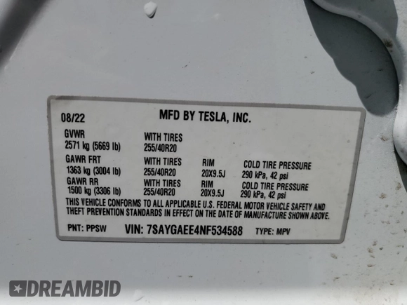2022 Tesla Model Y Long Range with VIN 7SAYGAEE4NF534588, listed as a Copart auction lot 53274995 with 20,768 mi miles and Salvage Title. Bid and sale history available at DreamBid. Image 14.