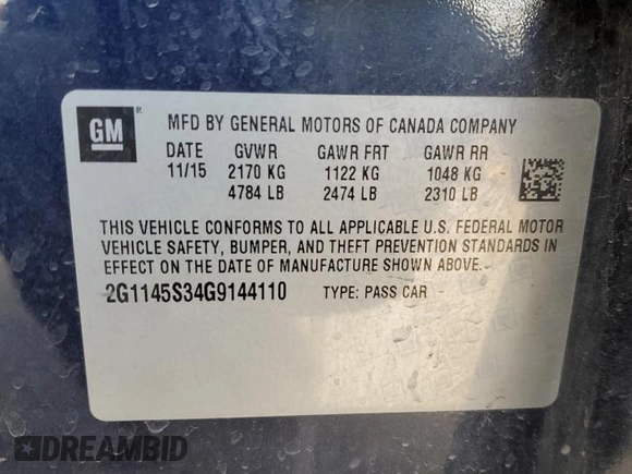2016 Chevrolet Impala LTZ with VIN 2G1145S34G9144110, listed as a Copart auction lot 49734045 with 118,520 mi miles and Salvage Title. Bid and sale history available at carsss.com. Image 13.
