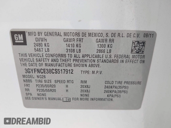 2012 Cadillac SRX Premium Collection with VIN 3GYFNCE38CS517912, listed as a IAAI auction lot 42435672 with 193,103 mi miles and . Bid and sale history available at DreamBid. Image 9.