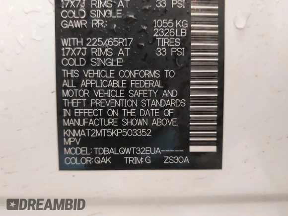 2019 Nissan Rogue SV z VIN KNMAT2MT5KP503352, wystawiony jako IAAI lot #41857095 z przebiegiem 91 250 mil mil oraz . Historia ofert i sprzedaży dostępna na DreamBid. Obrazek 9.