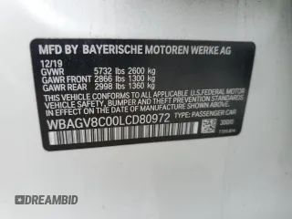 2020 BMW 8 Series M850i with VIN WBAGV8C00LCD80972, listed as a Copart auction lot 46907745 with Not provided miles and Salvage title. Bid and sale history available at DreamBid. Image 12.