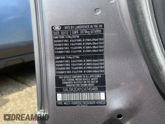 2012 Land Rover Range Rover Sport HSE Lux with VIN SALSK2D41CA745469, listed as a Copart auction lot 65707945 with 134,608 mi miles and Clean title. Bid and sale history available at DreamBid. Image 10.