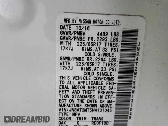 2017 Nissan Rogue SL with VIN JN8AT2MT5HW131045, listed as a Copart auction lot 49632295 with 75,601 mi miles and Salvage Title. Bid and sale history available at DreamBid. Image 14.