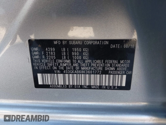 2019 Subaru Impreza z VIN 4S3GKAB68K3601772, wystawiony jako IAAI lot #41413804 z przebiegiem 40 003 mil mil oraz . Historia ofert i sprzedaży dostępna na DreamBid. Obrazek 9.