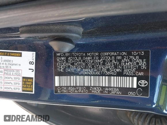 2014 Toyota Prius Four with VIN JTDKN3DU6E1738962, listed as a IAAI auction lot 42453971 with 176,133 mi miles and . Bid and sale history available at DreamBid. Image 9.