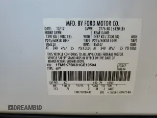 2017 Ford Explorer with VIN 1FM5K7B83HGE19504, listed as a Copart auction lot 61538355 with 68,793 mi miles and Salvage title. Bid and sale history available at DreamBid. Image 13.