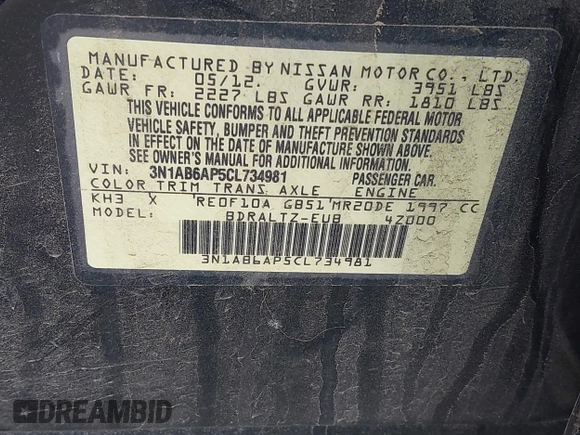 2012 Nissan Sentra SL z VIN 3N1AB6AP5CL734981, wystawiony jako IAAI lot #41619761 z przebiegiem Nie podano mil oraz . Historia ofert i sprzedaży dostępna na DreamBid. Obrazek 9.