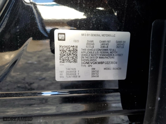 2023 Chevrolet Traverse LT Cloth with VIN 1GNEVGKW8PJ223934, listed as a Copart auction lot 45477675 with 11,531 mi miles and Salvage Title. Bid and sale history available at carsss.com. Image 14.