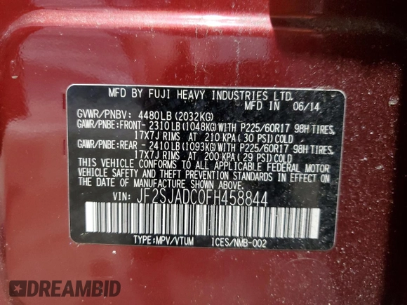 2015 Subaru Forester Premium with VIN JF2SJADC0FH458844, listed as a Copart auction lot 50400425 with 129,643 mi miles and Salvage Title. Bid and sale history available at DreamBid. Image 14.