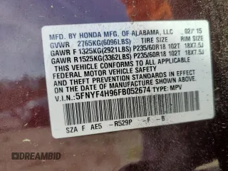 2015 Honda Pilot Touring with VIN 5FNYF4H96FB052674, listed as a Copart auction lot 52222535 with 112,975 mi miles and Salvage Title. Bid and sale history available at carsss.com. Image 14.