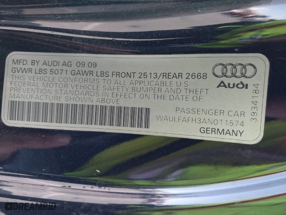 2010 Audi A5 Premium Plus with VIN WAULFAFH3AN011574, listed as a IAAI auction lot 41944885 with 1 mi miles. Bid and sale history available at carsss.com. Image 9.