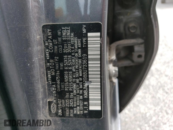 2008 Hyundai Tucson GLS with VIN KM8JM12B88U733619, listed as a Copart auction lot 68029124 with 0 mi miles and Salvage Title. Bid and sale history available at carsss.com. Image 13.