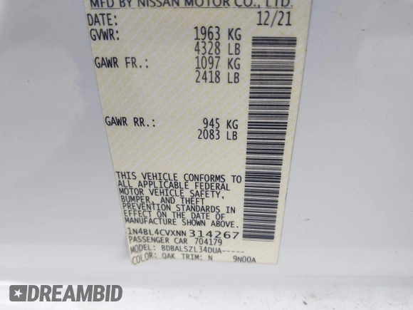 2022 Nissan Altima SR z VIN 1N4BL4CVXNN314267, wystawiony jako IAAI lot #42311934 z przebiegiem 56 536 mil mil oraz . Historia ofert i sprzedaży dostępna na DreamBid. Obrazek 9.