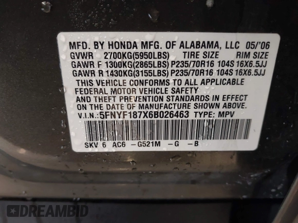 2006 Honda Pilot EX-L with VIN 5FNYF187X6B026463, listed as a IAAI auction lot 41612181 with 242,828 mi miles and . Bid and sale history available at DreamBid. Image 9.