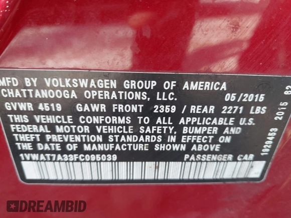 2015 Volkswagen Passat Limited Edition Edition с VIN 1VWAT7A33FC095039, выставлен на аукционе IAAI как лот 42567673 с пробегом 112 922 миль миль и . История ставок и продаж доступна на DreamBid. Изображение 9.