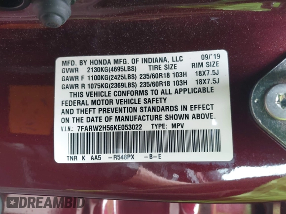 2019 Honda CR-V EX with VIN 7FARW2H56KE053022, listed as a IAAI auction lot 41848570 with 128,676 mi miles. Bid and sale history available at carsss.com. Image 9.