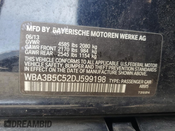 2013 BMW 3 Series 328i xDrive with VIN WBA3B5C52DJ599198, listed as a Copart auction lot 56463365 with 98,808 mi miles and Salvage title. Bid and sale history available at DreamBid. Image 12.
