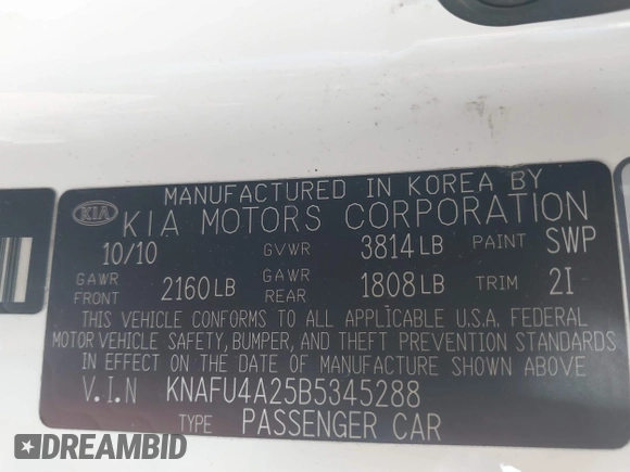 2011 Kia Forte EX with VIN KNAFU4A25B5345288, listed as a IAAI auction lot 41936975 with 232,090 mi miles. Bid and sale history available at carsss.com. Image 9.