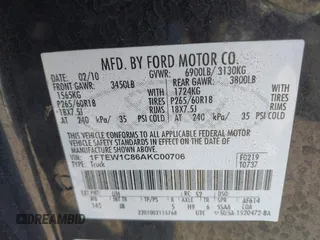 2010 Ford F-150 XL with VIN 1FTEW1C86AKC00706, listed as a IAAI auction lot 41612767 with 202,550 mi miles. Bid and sale history available at carsss.com. Image 9.