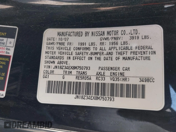 2008 Nissan 350Z Grand Touring with VIN JN1BZ34EX8M750793, listed as a IAAI auction lot 42093716 with 124,386 mi miles. Bid and sale history available at carsss.com. Image 9.