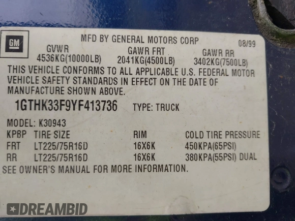 2000 GMC Sierra 3500 z VIN 1GTHK33F9YF413736, wystawiony jako IAAI lot #42197845 z przebiegiem 255 855 mil mil oraz . Historia ofert i sprzedaży dostępna na DreamBid. Obrazek 9.