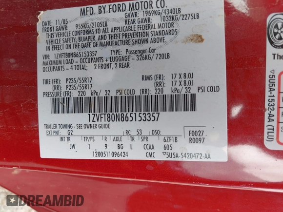 2006 Ford Mustang Standard with VIN 1ZVFT80N865153357, listed as a IAAI auction lot 42612659 with Not provided miles and . Bid and sale history available at DreamBid. Image 9.