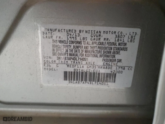 2013 Nissan Sentra SV with VIN 3N1AB7AP4DL714051, listed as a Copart auction lot 51174385 with 133,084 mi miles and Clean Title. Bid and sale history available at carsss.com. Image 12.