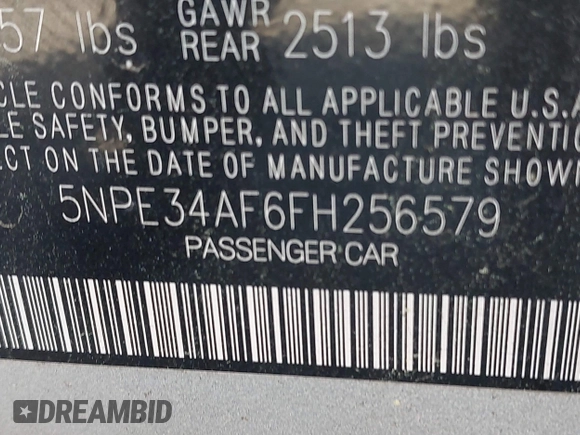 2015 Hyundai Sonata Sport with VIN 5NPE34AF6FH256579, listed as a IAAI auction lot 42052813 with 103,988 mi miles and . Bid and sale history available at DreamBid. Image 9.
