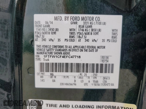2014 Ford F-150 XL with VIN 1FTFW1CF4EFC47718, listed as a Copart auction lot 47552235 with 316,373 mi miles and Salvage title. Bid and sale history available at DreamBid. Image 12.