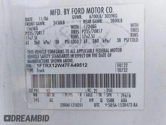 2007 Ford F-150 STX with VIN 1FTRX12W47FA49512, listed as a IAAI auction lot 42771332 with 203,687 mi miles and . Bid and sale history available at DreamBid. Image 9.
