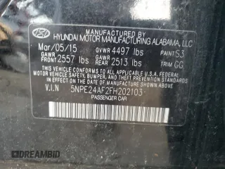 2015 Hyundai Sonata 2.4L SE with VIN 5NPE24AF2FH202103, listed as a Copart auction lot 43662165 with 151,058 mi miles and Clean Title. Bid and sale history available at carsss.com. Image 12.