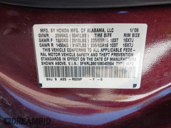 2009 Honda Odyssey EX-L with VIN 5FNRL38619B040594, listed as a IAAI auction lot 42037189 with 189,677 mi miles. Bid and sale history available at carsss.com. Image 9.