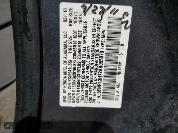 2010 Honda Odyssey EX-L with VIN 5FNRL3H72AB055070, listed as a Copart auction lot 80328974 with 221,467 mi miles and Salvage Title. Bid and sale history available at DreamBid. Image 13.