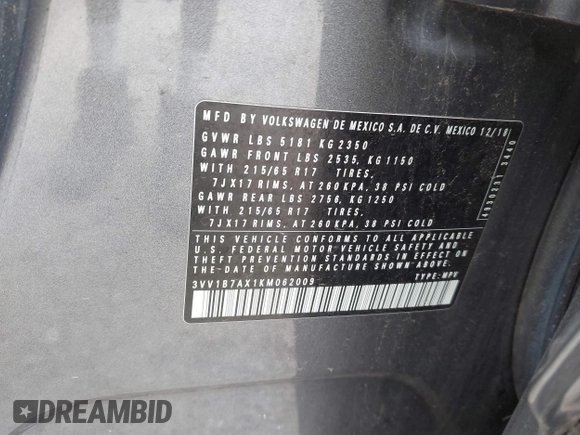 2019 Volkswagen Tiguan S с VIN 3VV1B7AX1KM062009, выставлен на аукционе IAAI как лот 42587119 с пробегом 57 836 миль миль и . История ставок и продаж доступна на DreamBid. Изображение 9.